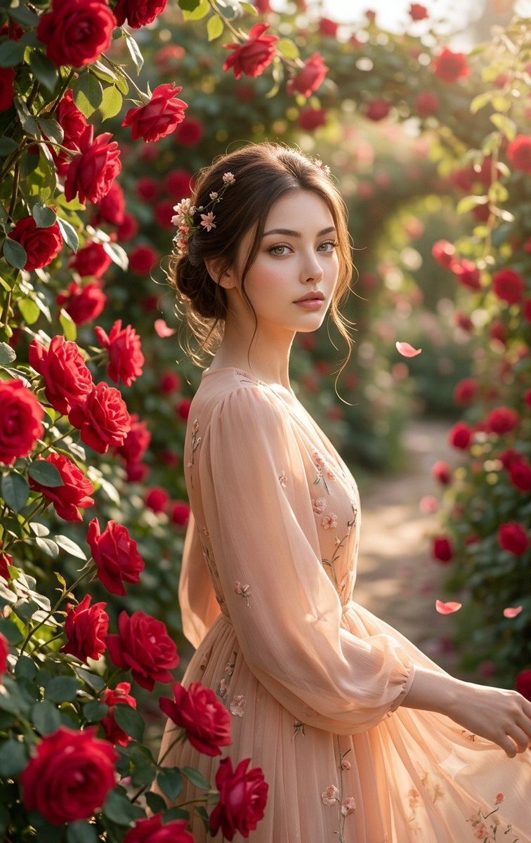 Korean Girl in Red Rose Garden - AI image template preview