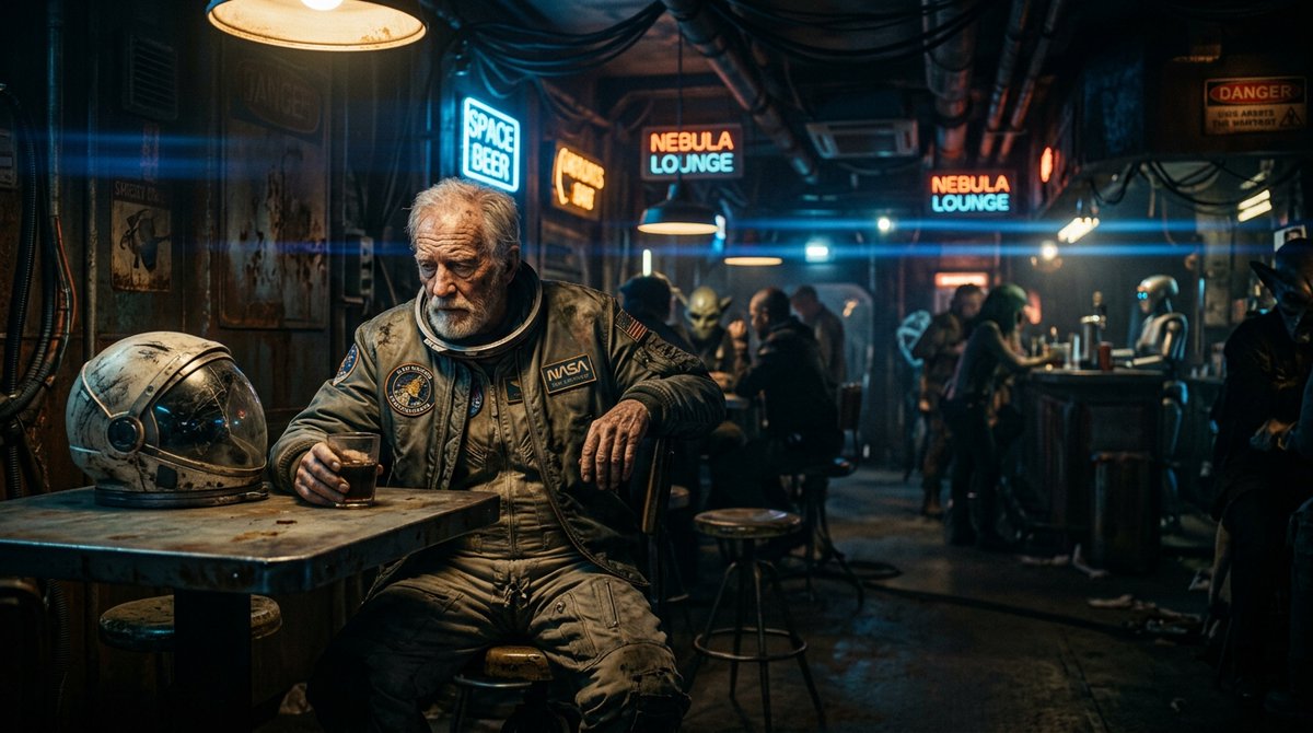 Old Astronaut in Futuristic Bar - AI image template preview
