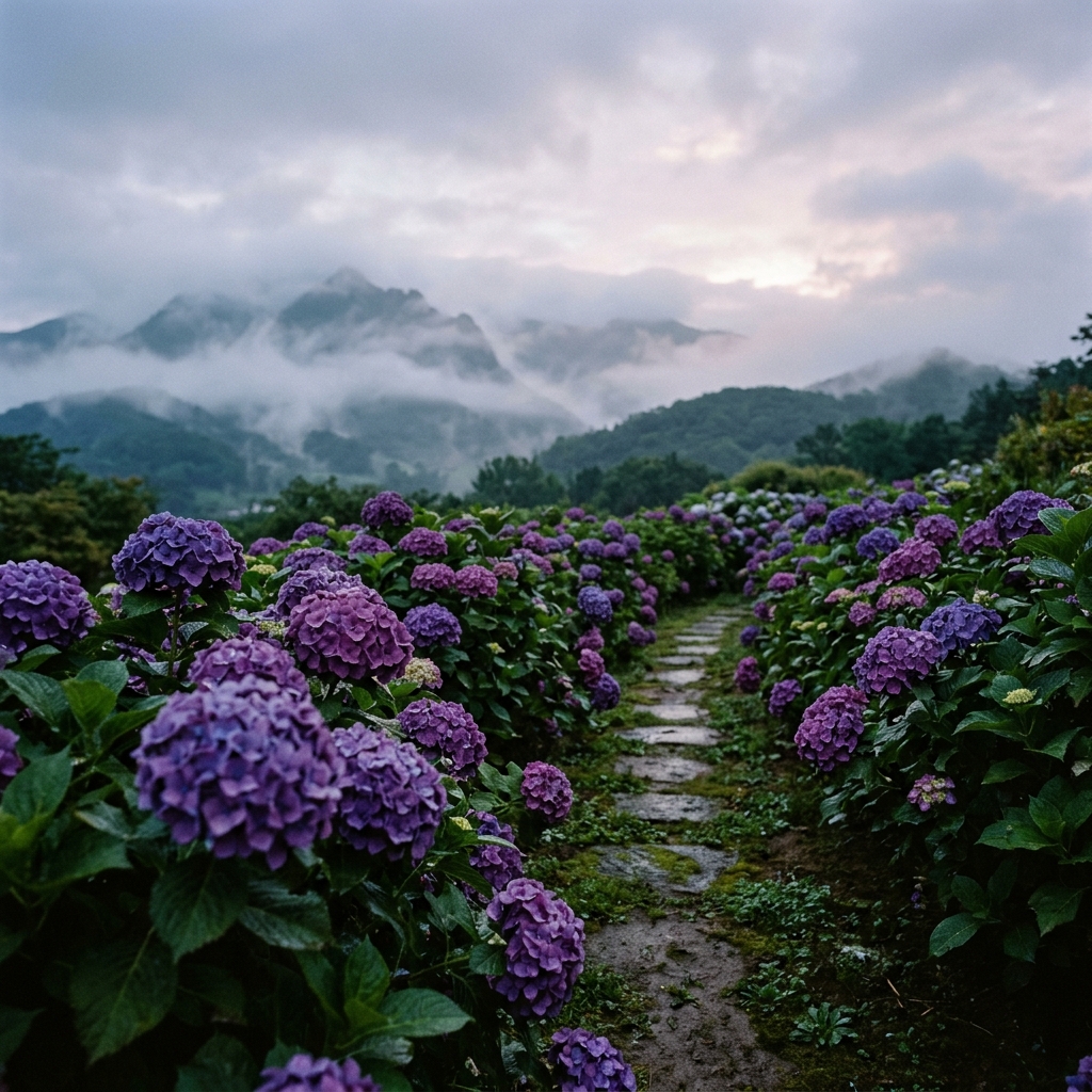 Misty Hydrangea Garden Landscape - AI image template preview