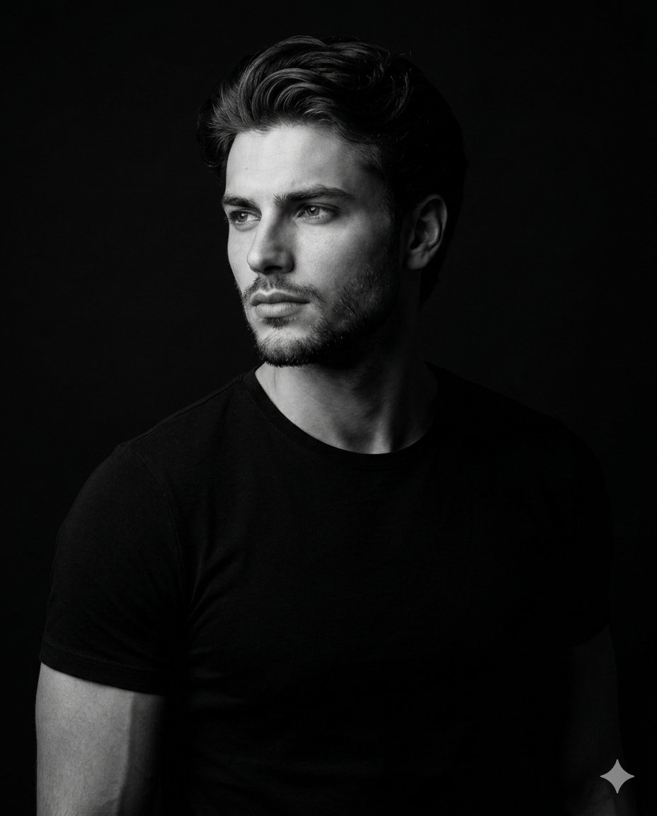Low-Key Studio Black and White Portrait - AI image template preview