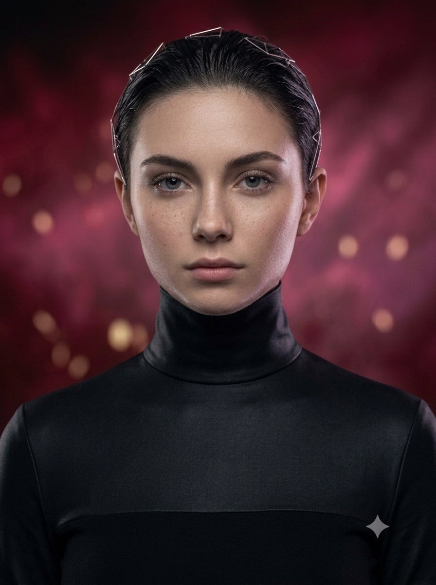 Hyper-Realistic Studio Portrait with Geometric Headband - AI image template preview