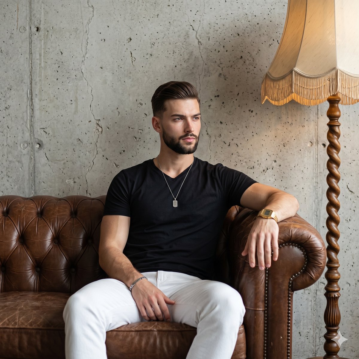 Man on Vintage Leather Sofa - AI image template preview