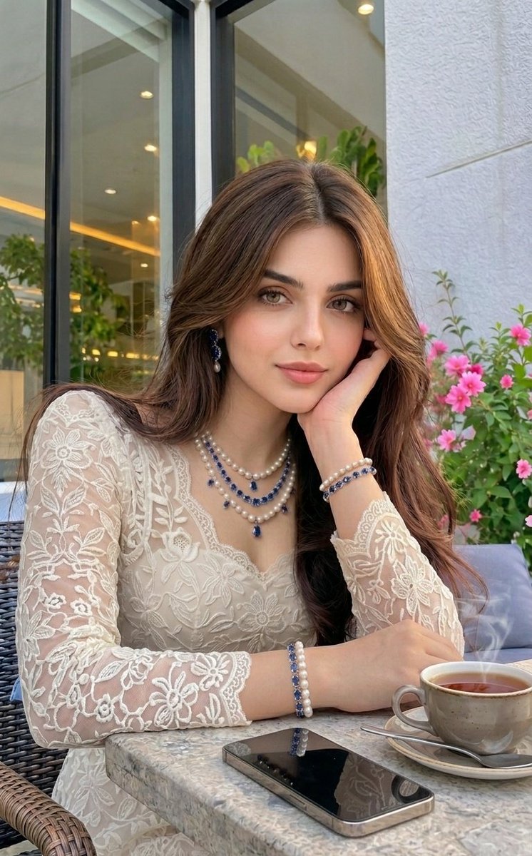 Elegant Lace Dress Cafe Portrait - AI image template preview