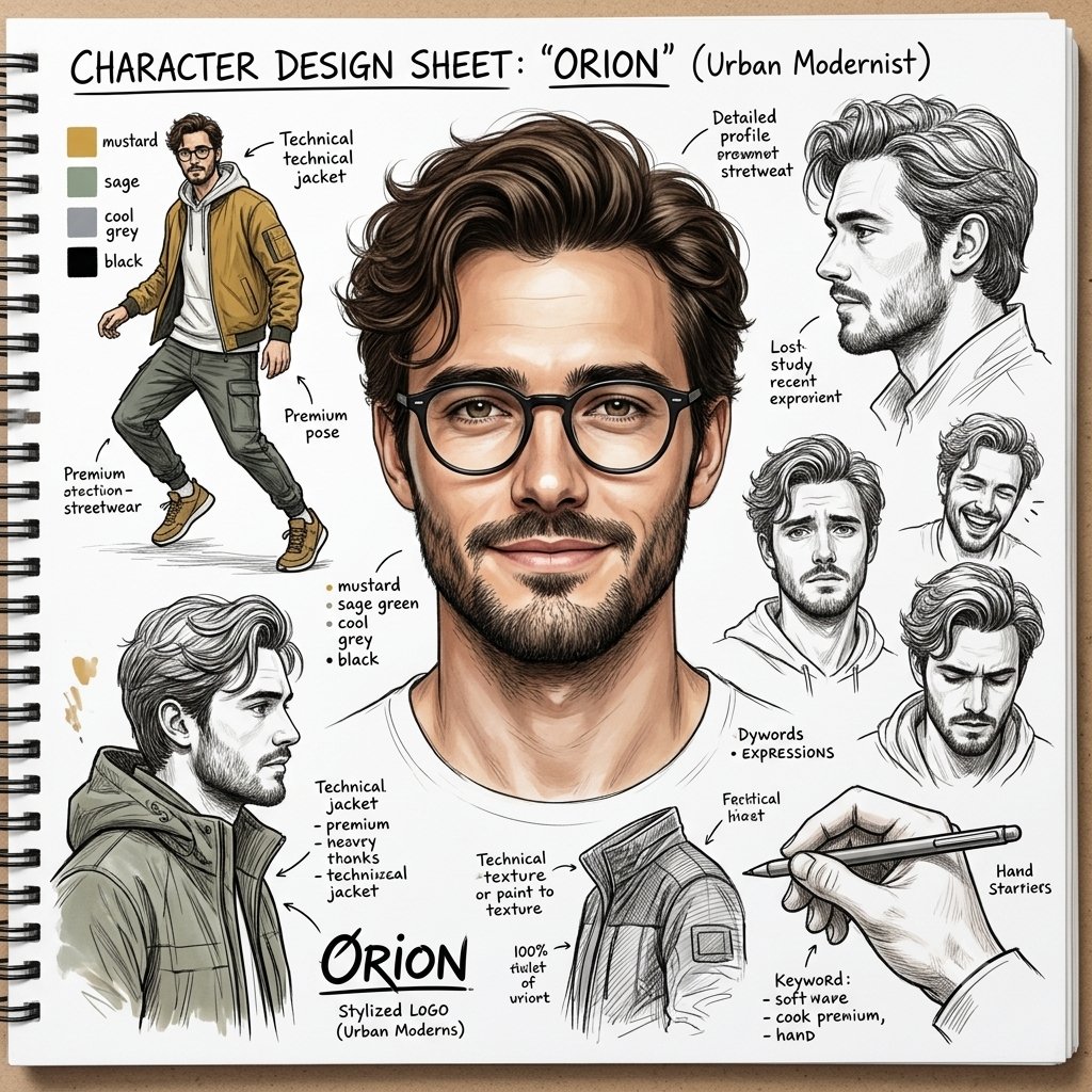 Cinematic Character Design Sketchbook Sheet - AI image template preview