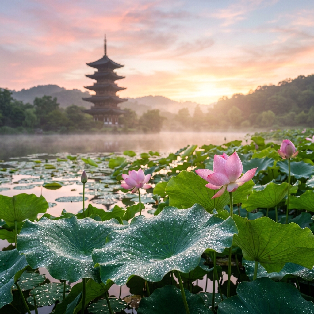 Dewy Lotus Sunrise Landscape - AI image template preview