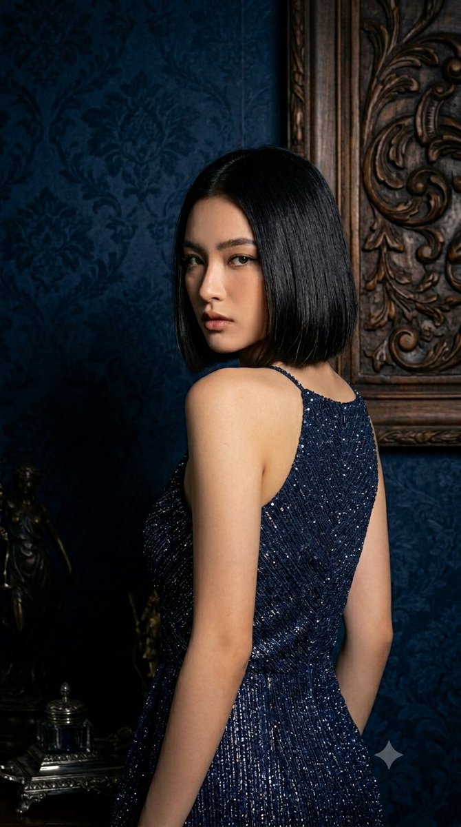 Elegant woman in glittery navy dress - AI image template preview