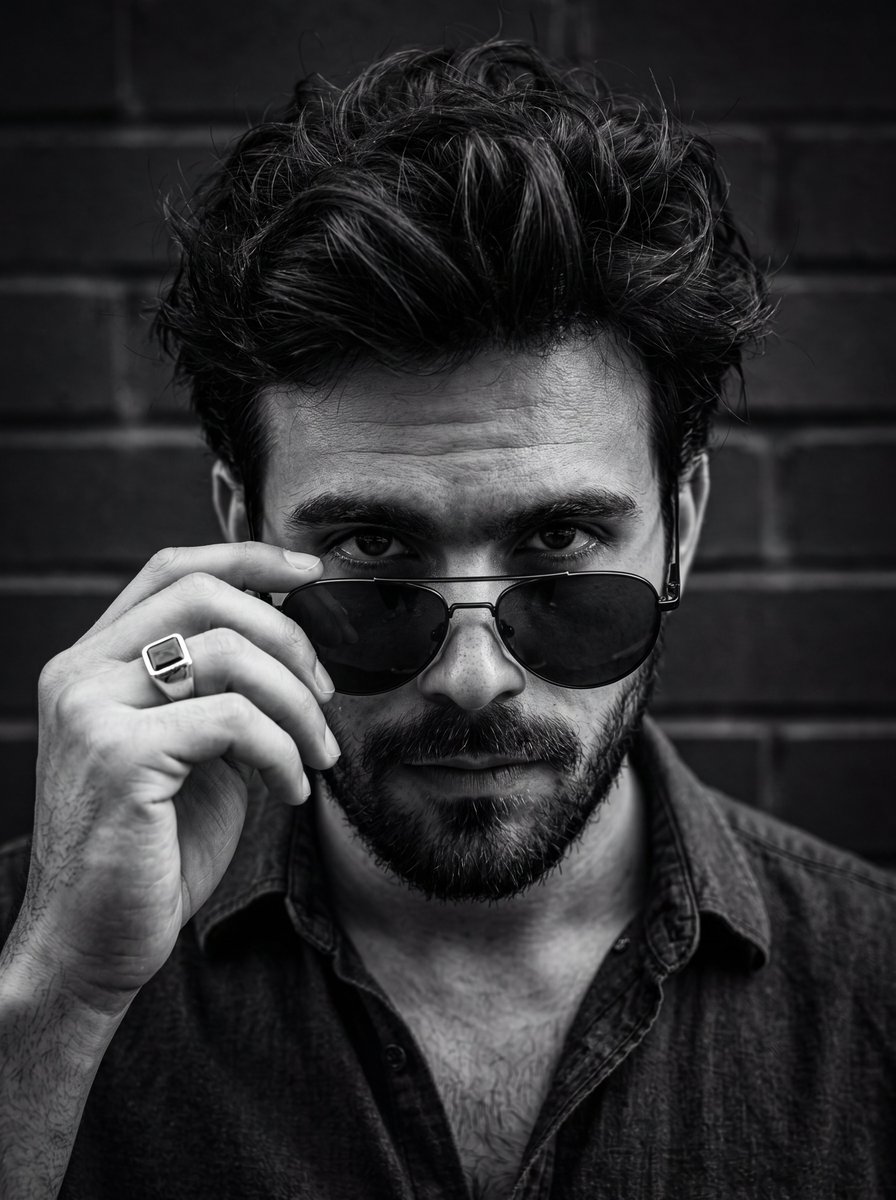 High-contrast black and white intense male portrait - AI image template preview