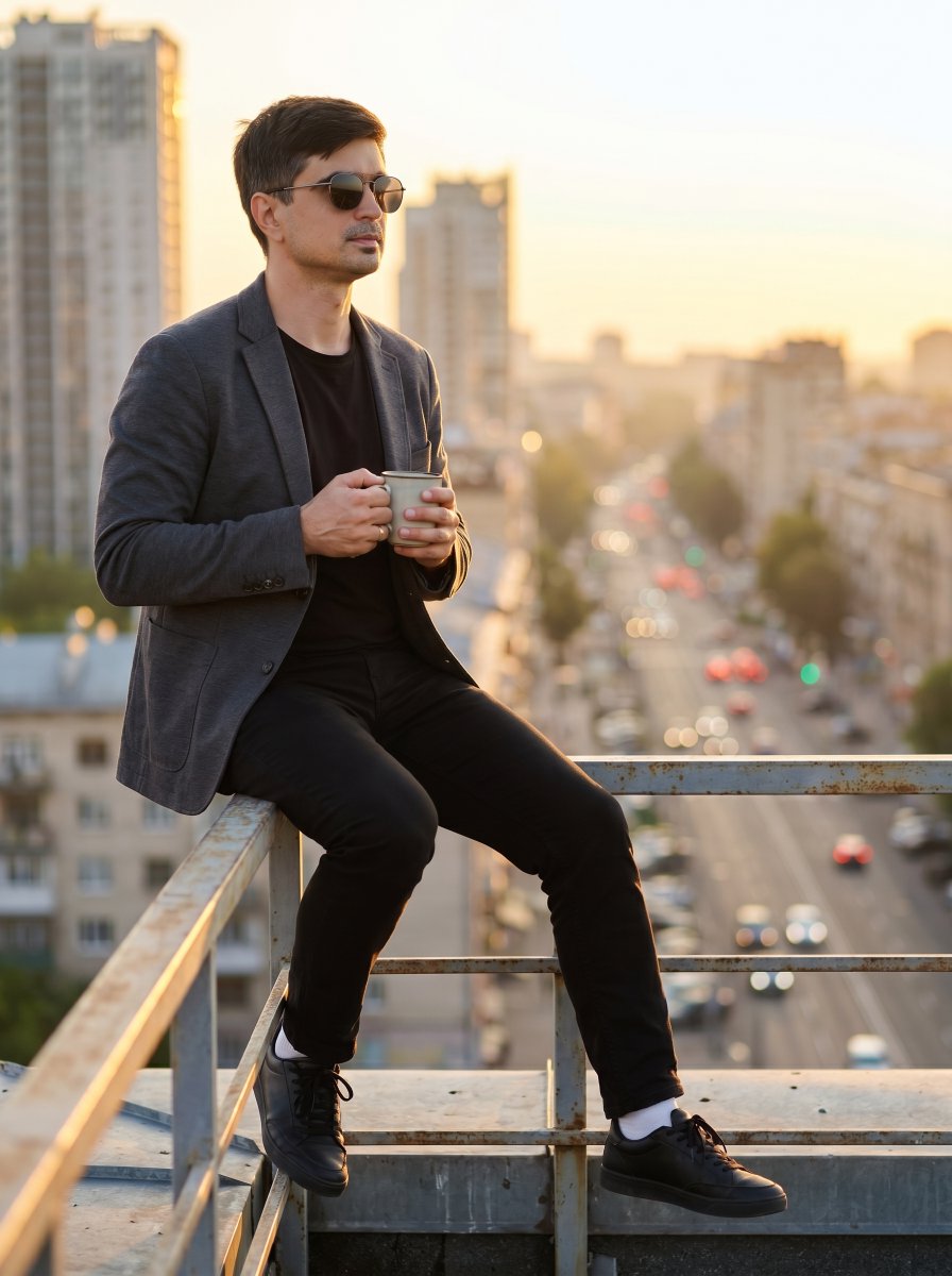 Urban Rooftop Sunset Portrait - AI image template preview