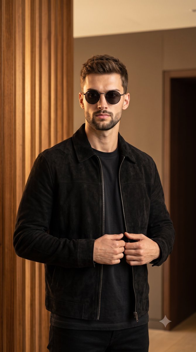 Luxury Menswear Suede Jacket Editorial - AI image template preview