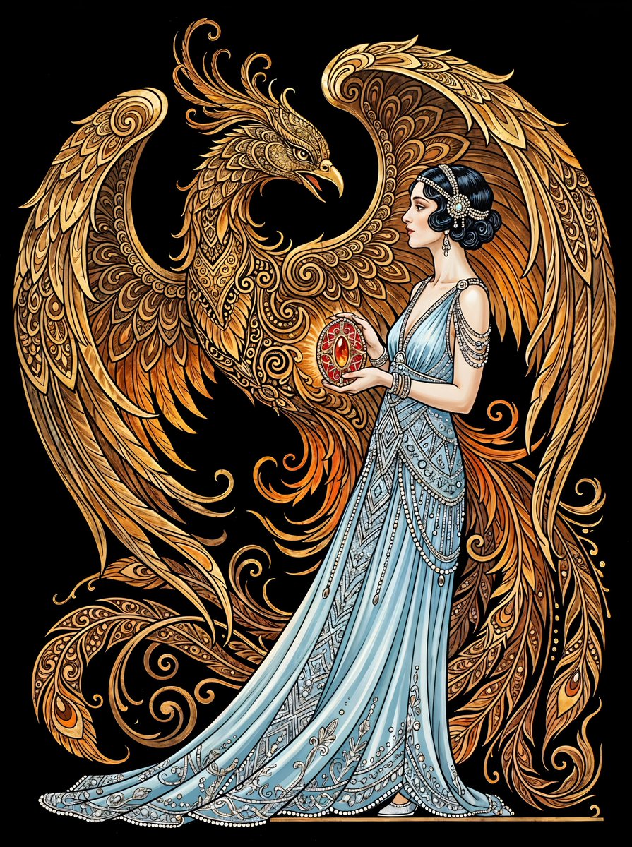 Art Deco Woman and Phoenix - AI image template preview