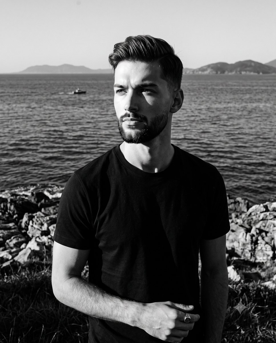 Cinematic B&W Coastal Male Portrait - AI image template preview
