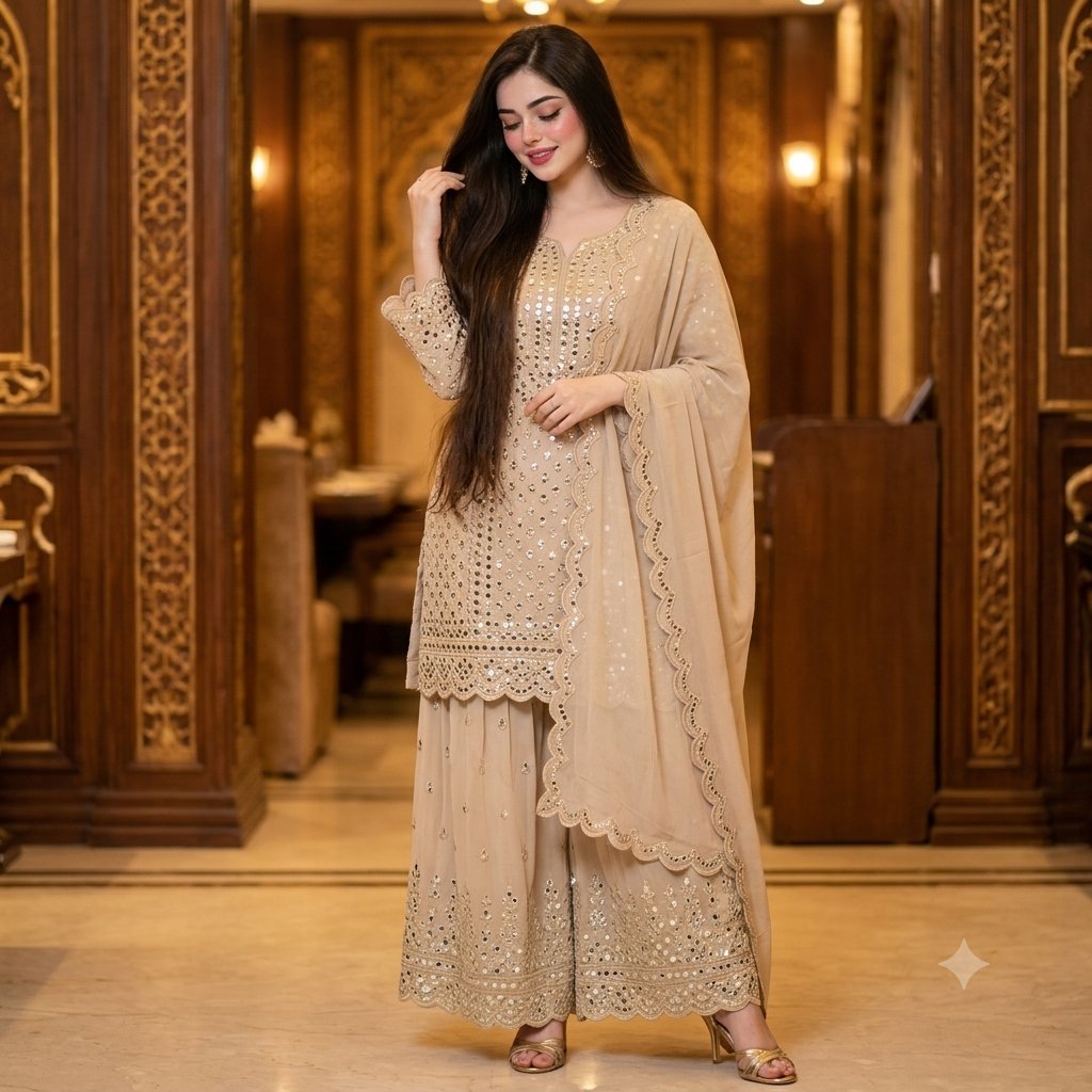 Elegant Mirror-Work Sharara Set Portrait - AI image template preview