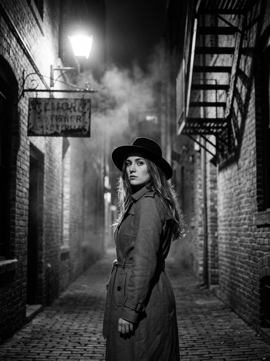Noir Alleyway Cinematic Portrait - AI image template preview