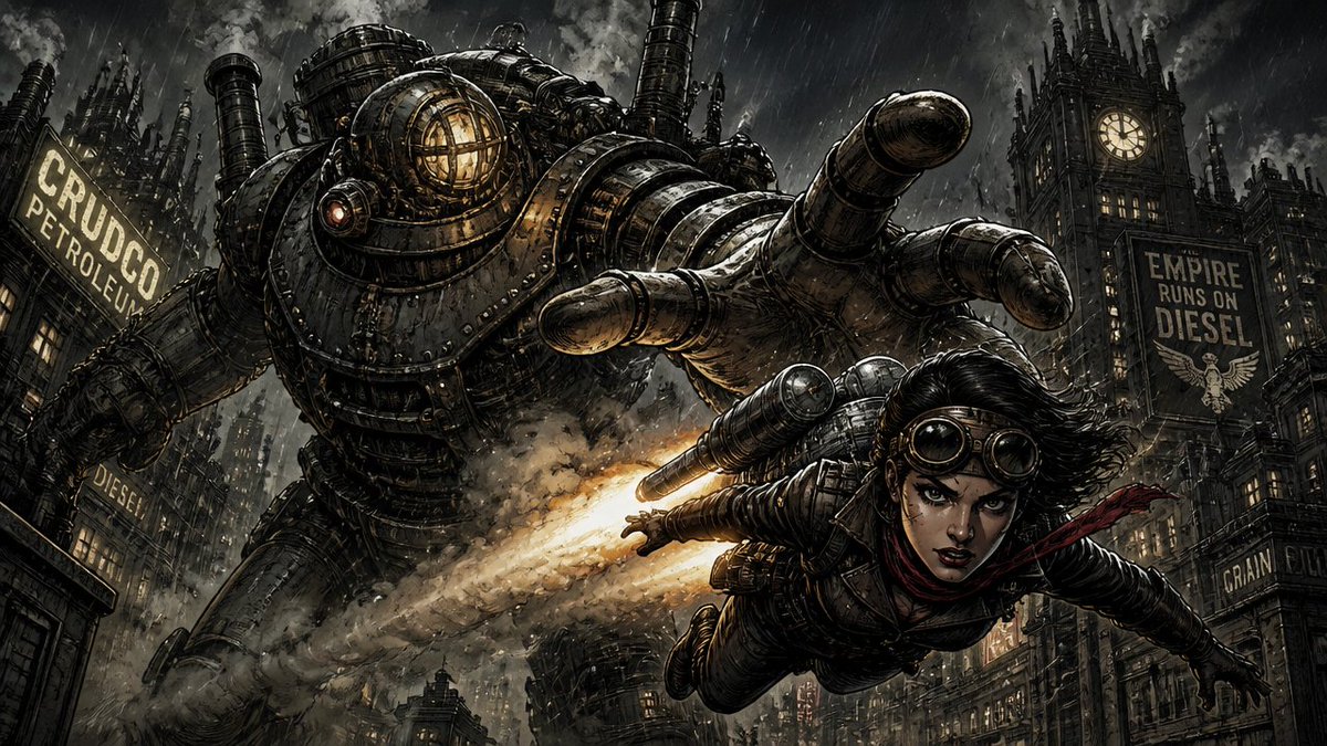 Dieselpunk Mech Action Scene - AI image template preview
