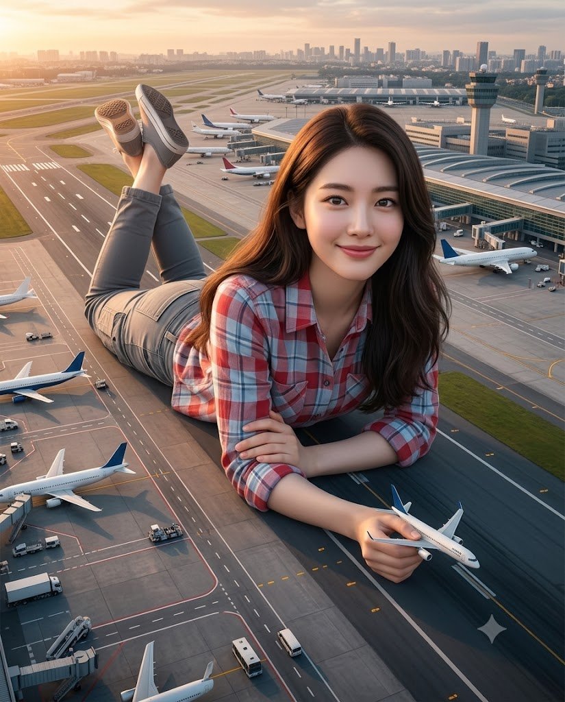 Cinematic Airport Runway Giantess Portrait - AI image template preview
