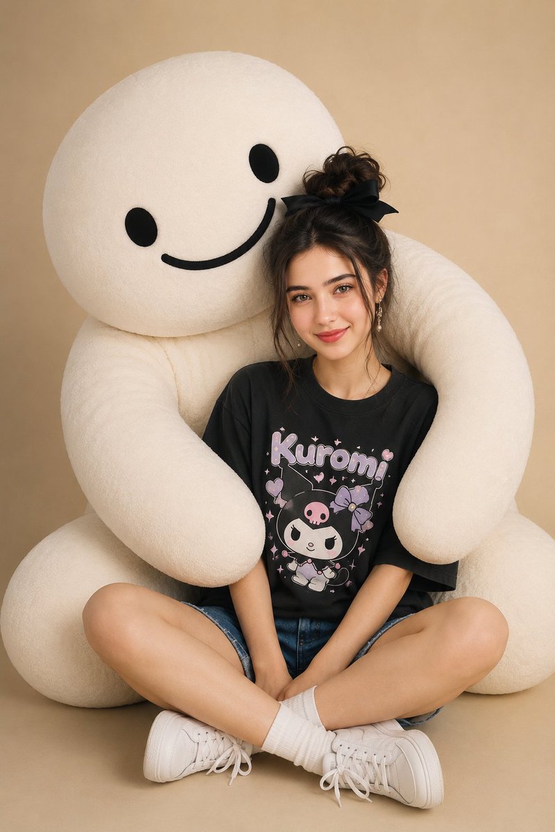 Woman with Giant Plush Mascot - AI image template preview