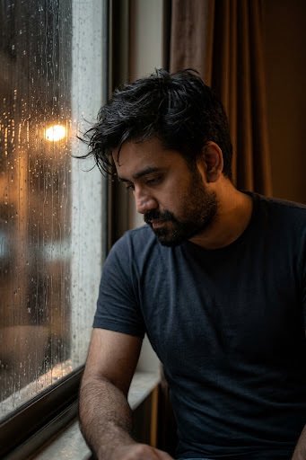 Moody Cinematic Rain Window Portrait - AI image template preview