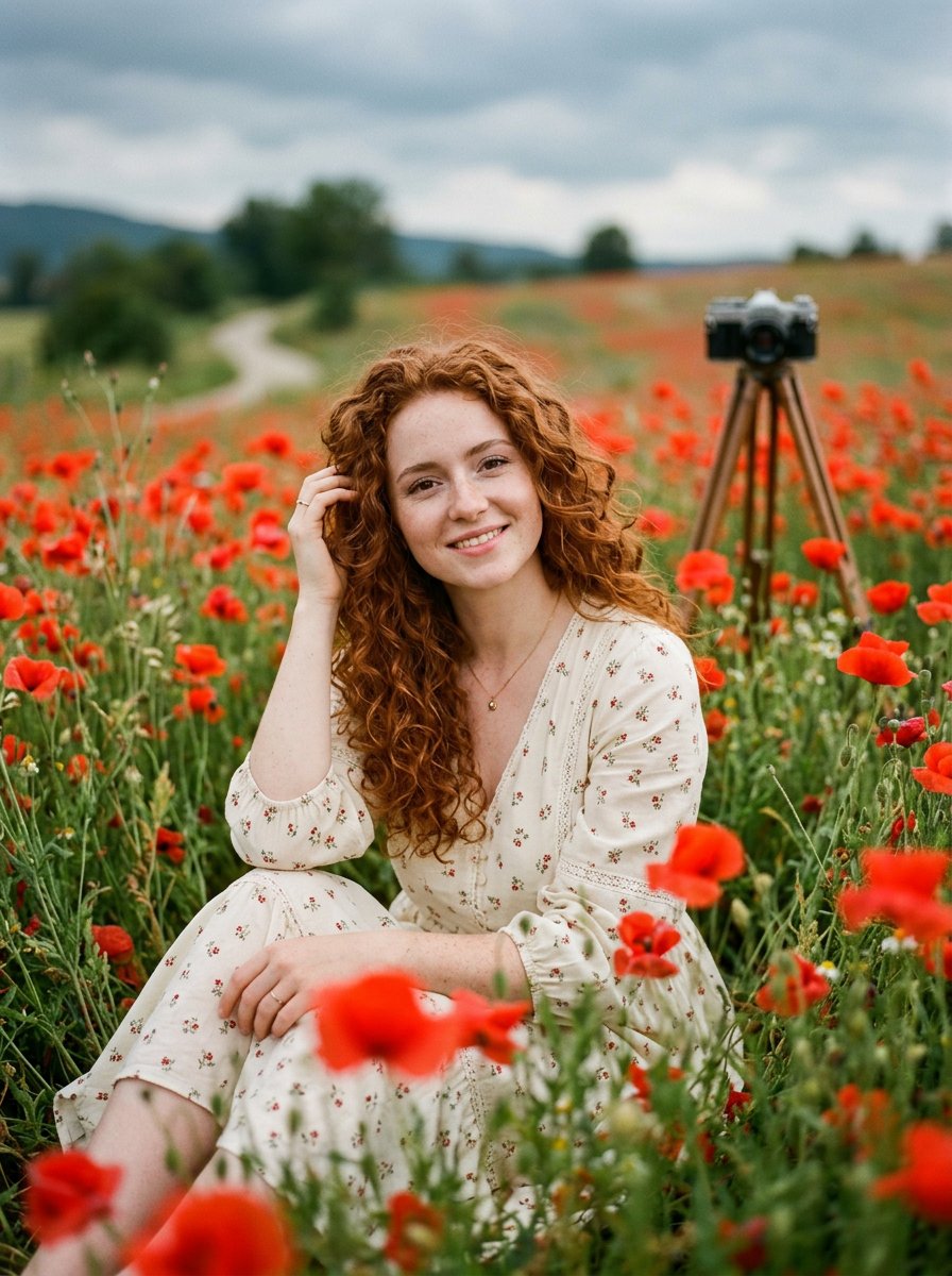 Redheaded Woman in Poppy Field - AI image template preview
