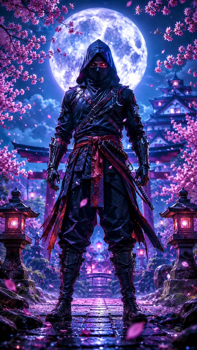 Ninja in Cherry Blossom Garden - AI image template preview