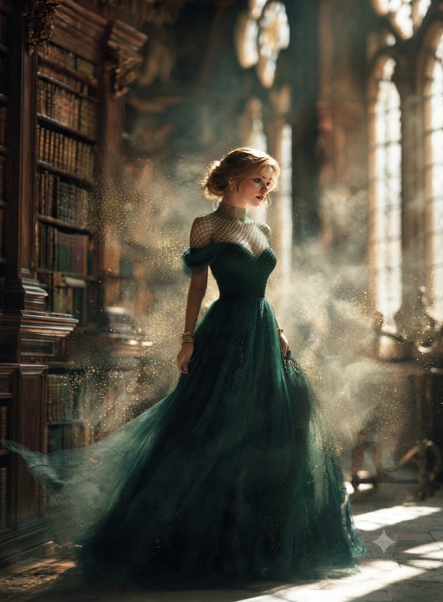 Fantasy Woman in Gothic Library - AI image template preview