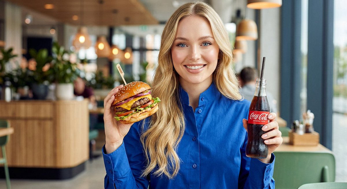 Woman enjoying fast food commercial portrait - AI image template preview