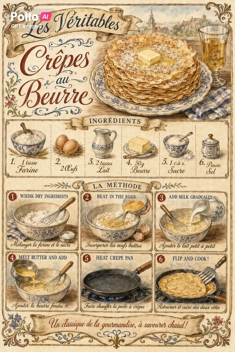 Vintage French Crepe Recipe Poster preview