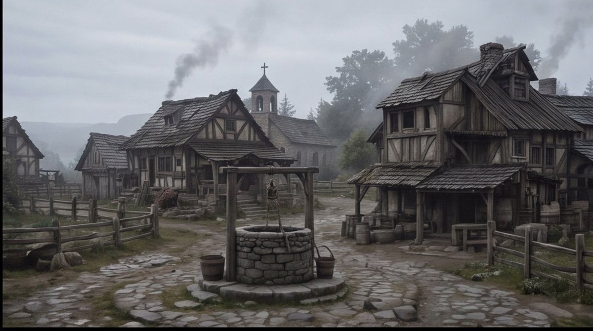 Misty Medieval Village Establishing Shot preview