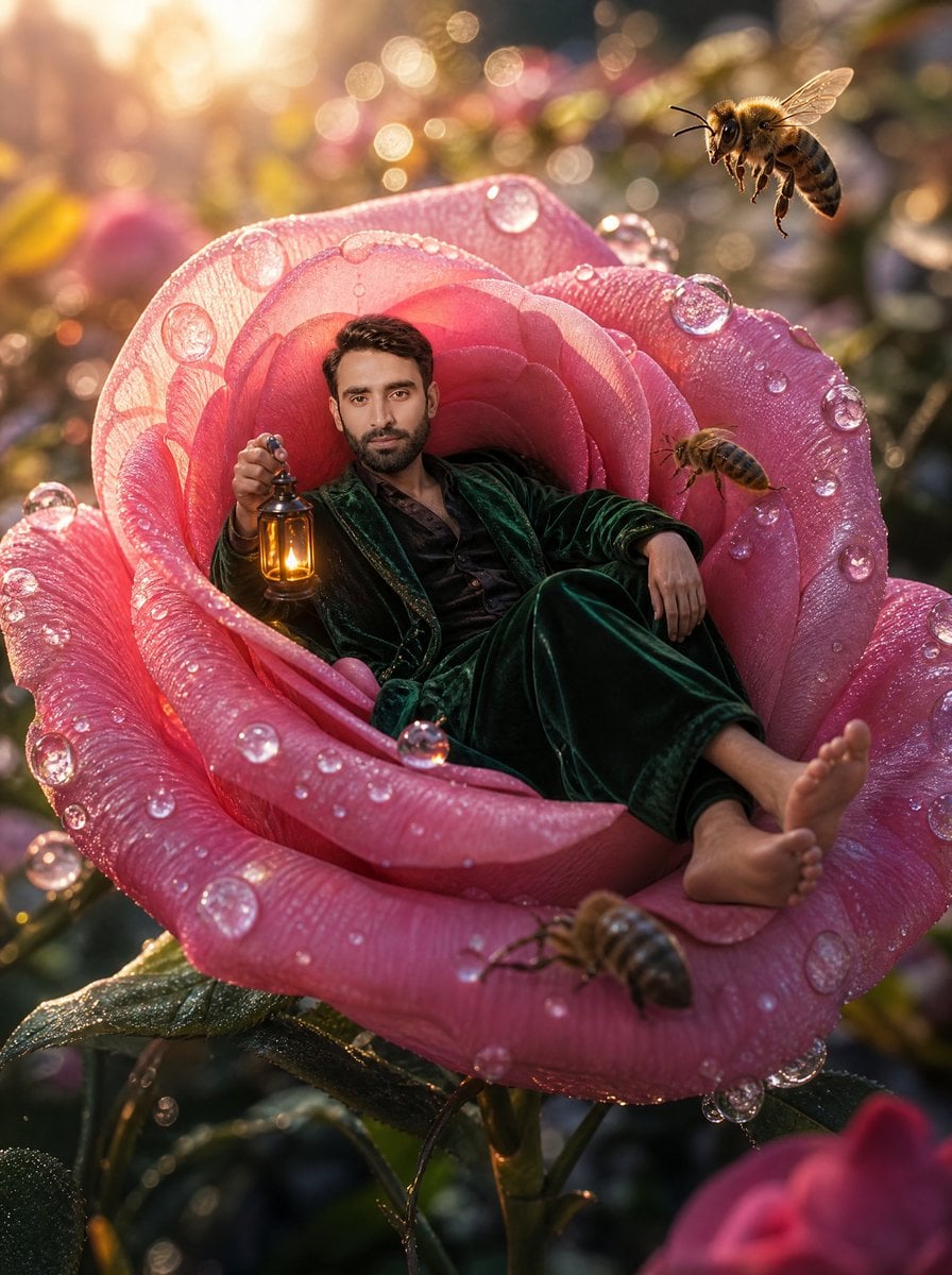 Tiny Man Lounging in Giant Rose