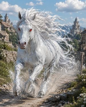 Albino Kelpie Galloping Through Village preview