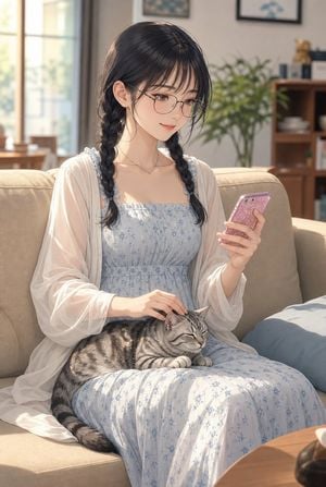 Anime Woman With Cat on Sofa preview