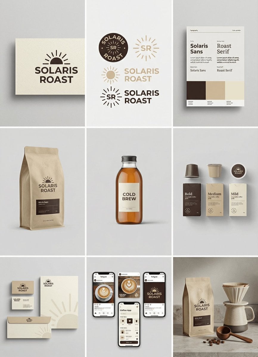 Complete brand identity grid, 3x3 layout, nine tiles showing a full