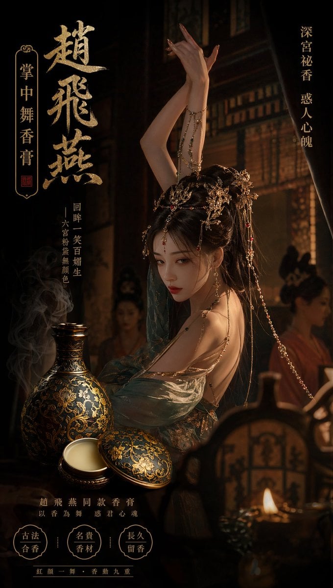 赵飞燕同款掌中舞香膏广告，错金缠枝莲铜瓶，冷艳诡谲深宫氛围感，竖屏9 16 preview