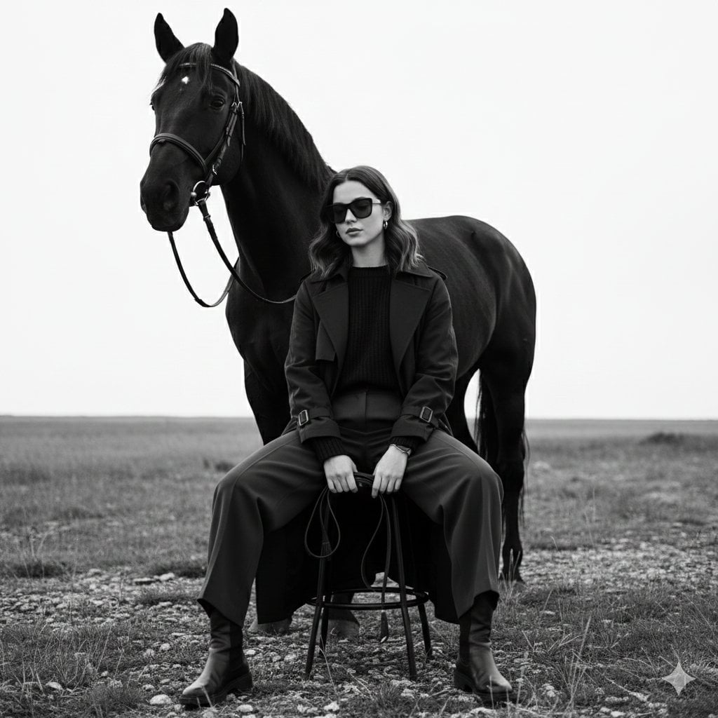 Monochrome Fine-Art Fashion Editorial with Horse preview