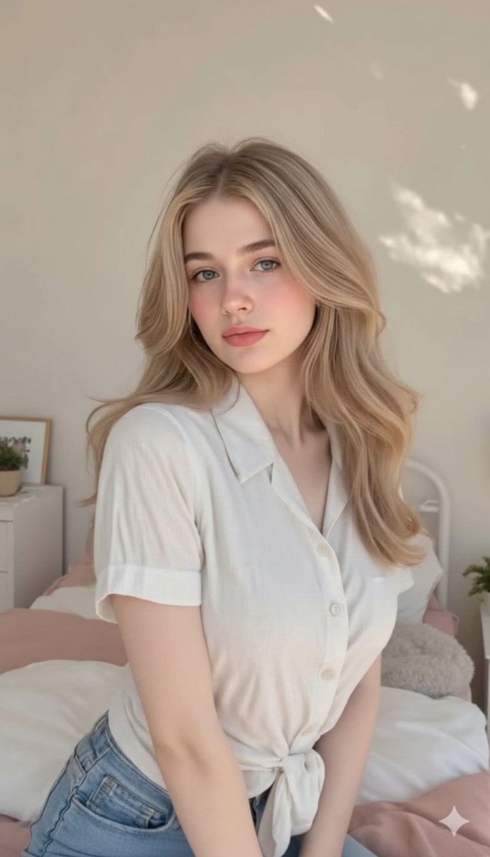 Photorealistic Blonde Woman in Cozy Bedroom Prompt preview