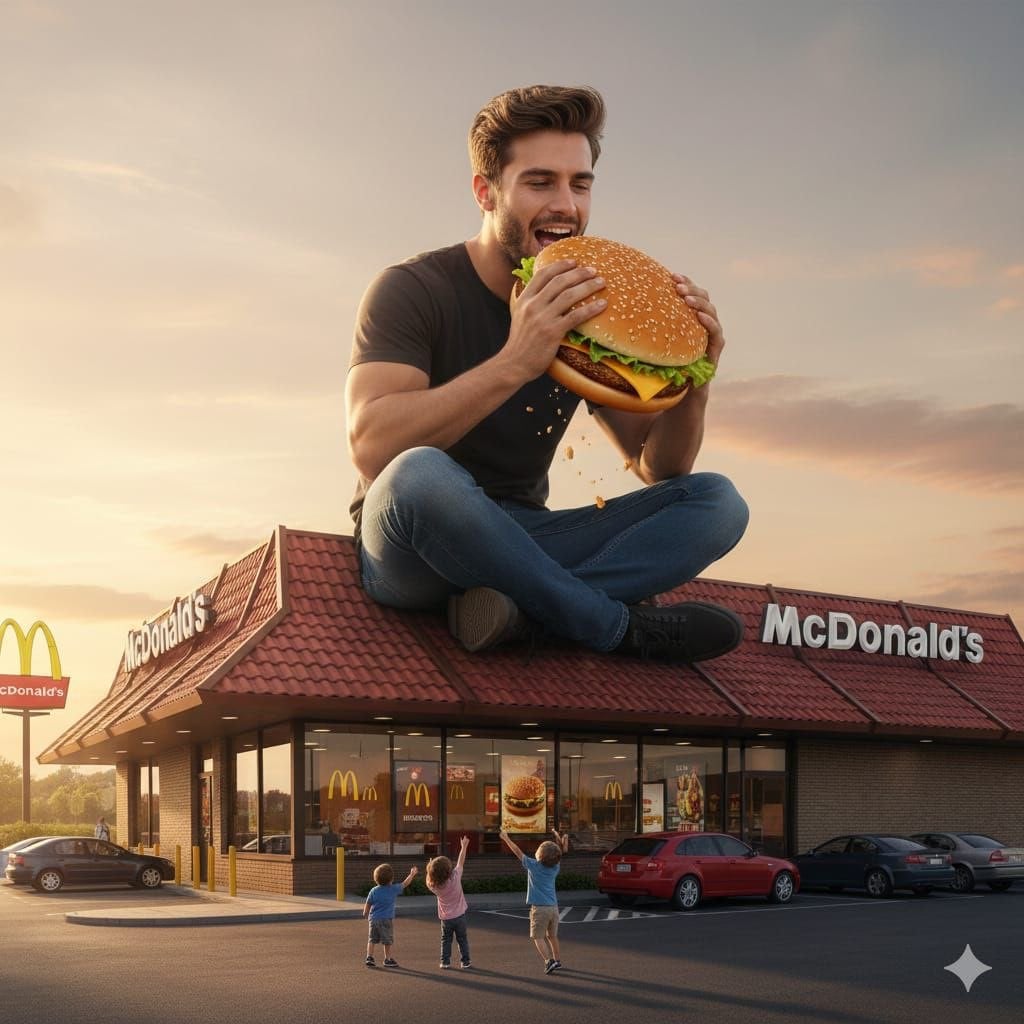 Surreal advertising scene of a giant man eating a cheeseburger