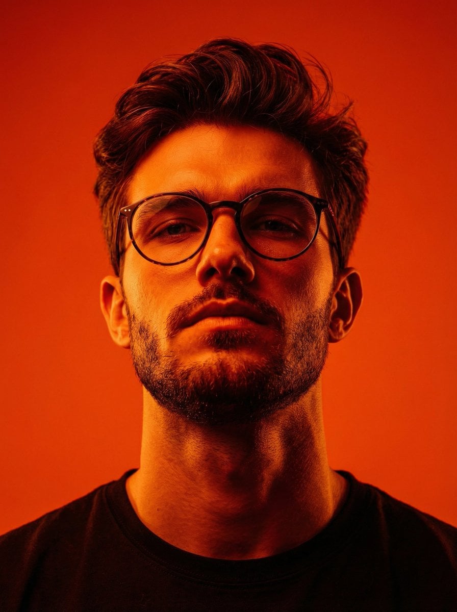 Dynamic Low-Angle Editorial Portrait with Orange-Red Contrast preview