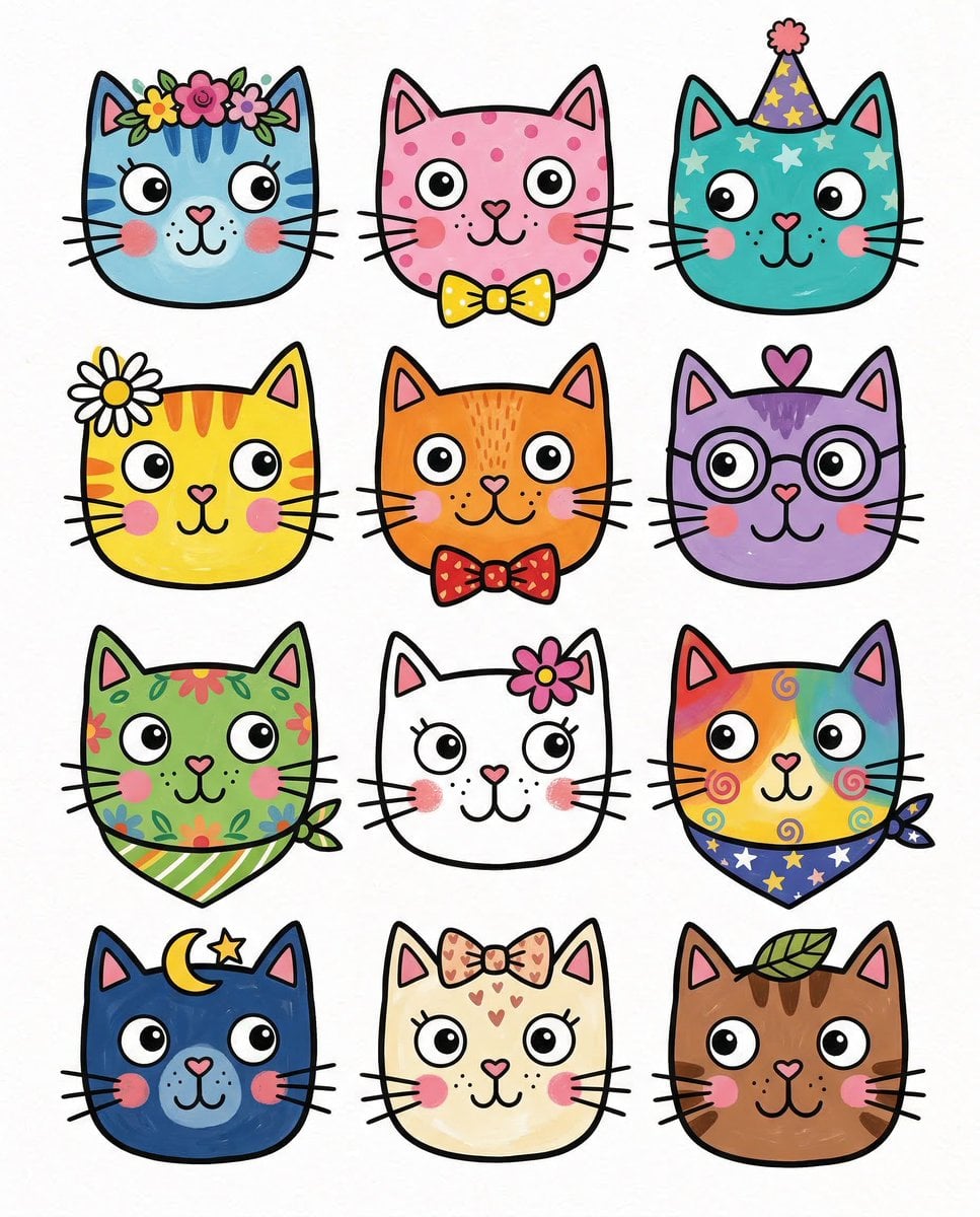 Stylized Grid of Whimsical Cat Faces