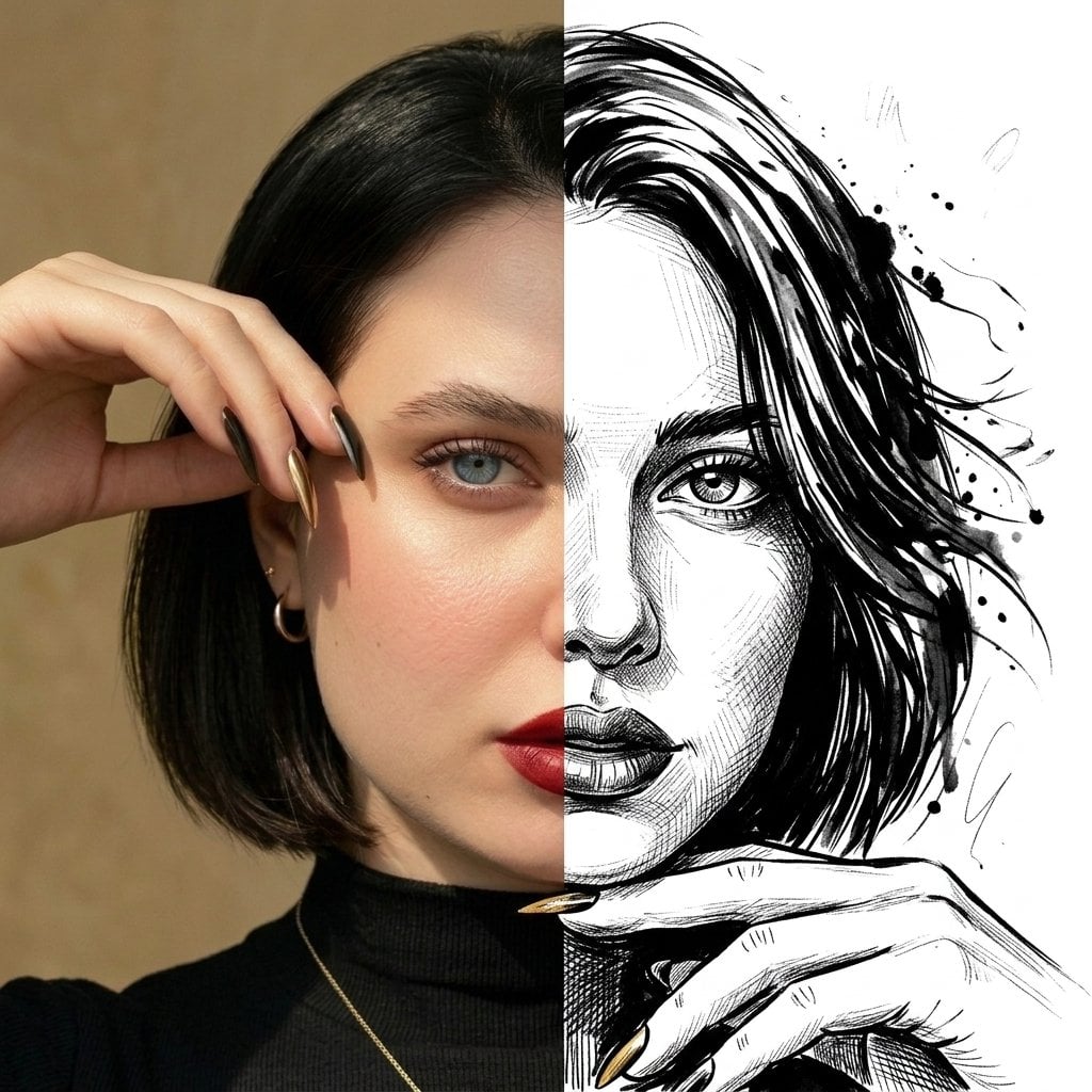 Split Face Photo and Ink Illustration preview