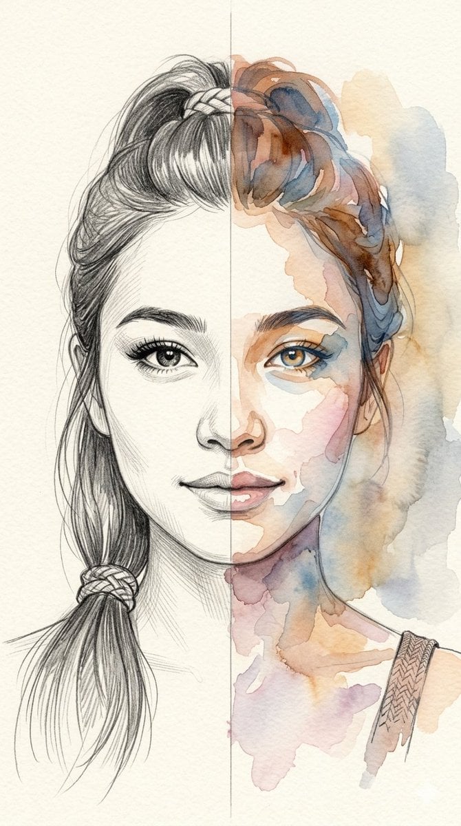 Split-Medium Sketch and Watercolor Portrait preview