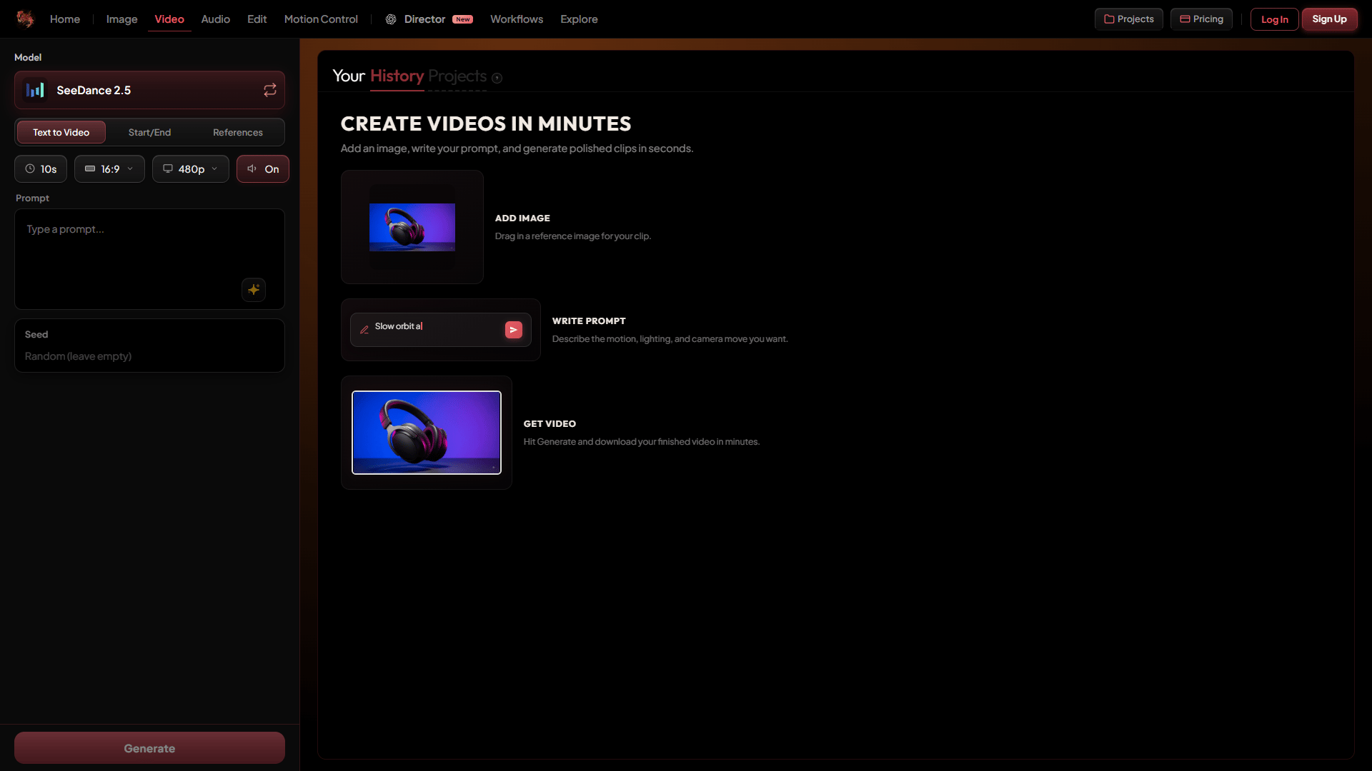 SeeDance 2.5 video studio on Picturesque with duration, resolution, and prompt