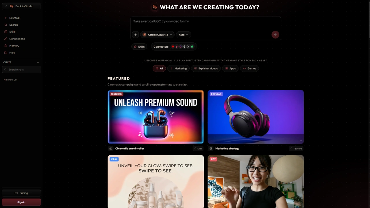 Director on Picturesque AI with prompt, Claude Opus, skills, and featured campaigns