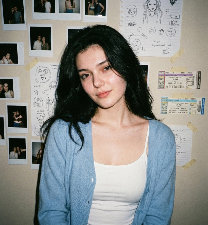 90s Flash Polaroid Aesthetic — A young woman with the same unchanged face, pale soft complexion, caught in a classic 90s disposable-camera snapshot. Her loose b