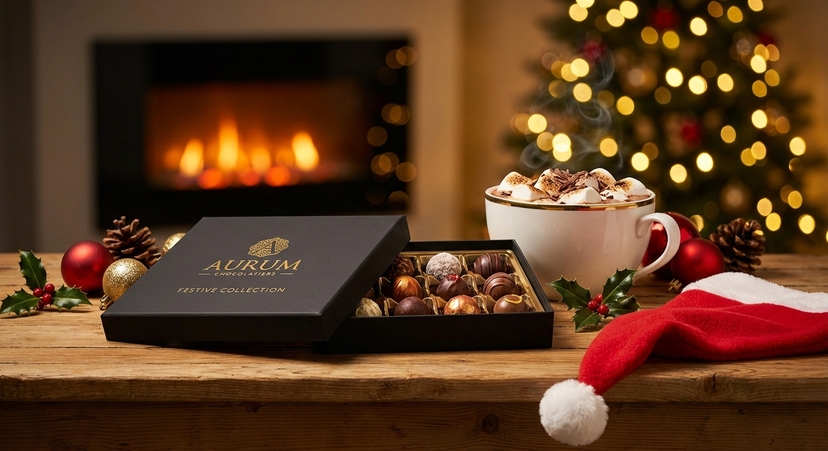 Cozy Christmas vibes with luxury chocolates. AI image template preview