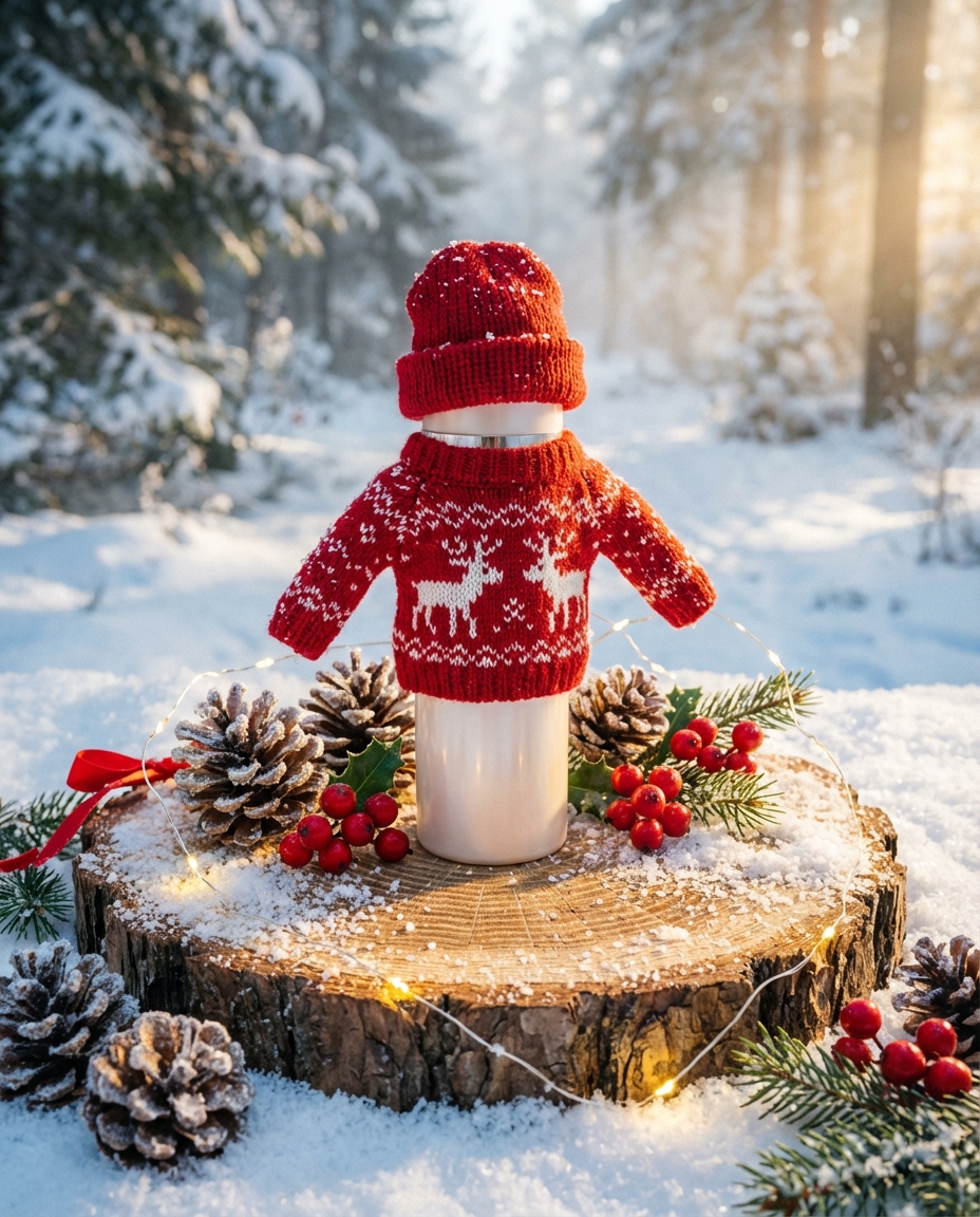 Everyone feels the cold! Even the bottle has put on its sweater. - AI Image Template Preview