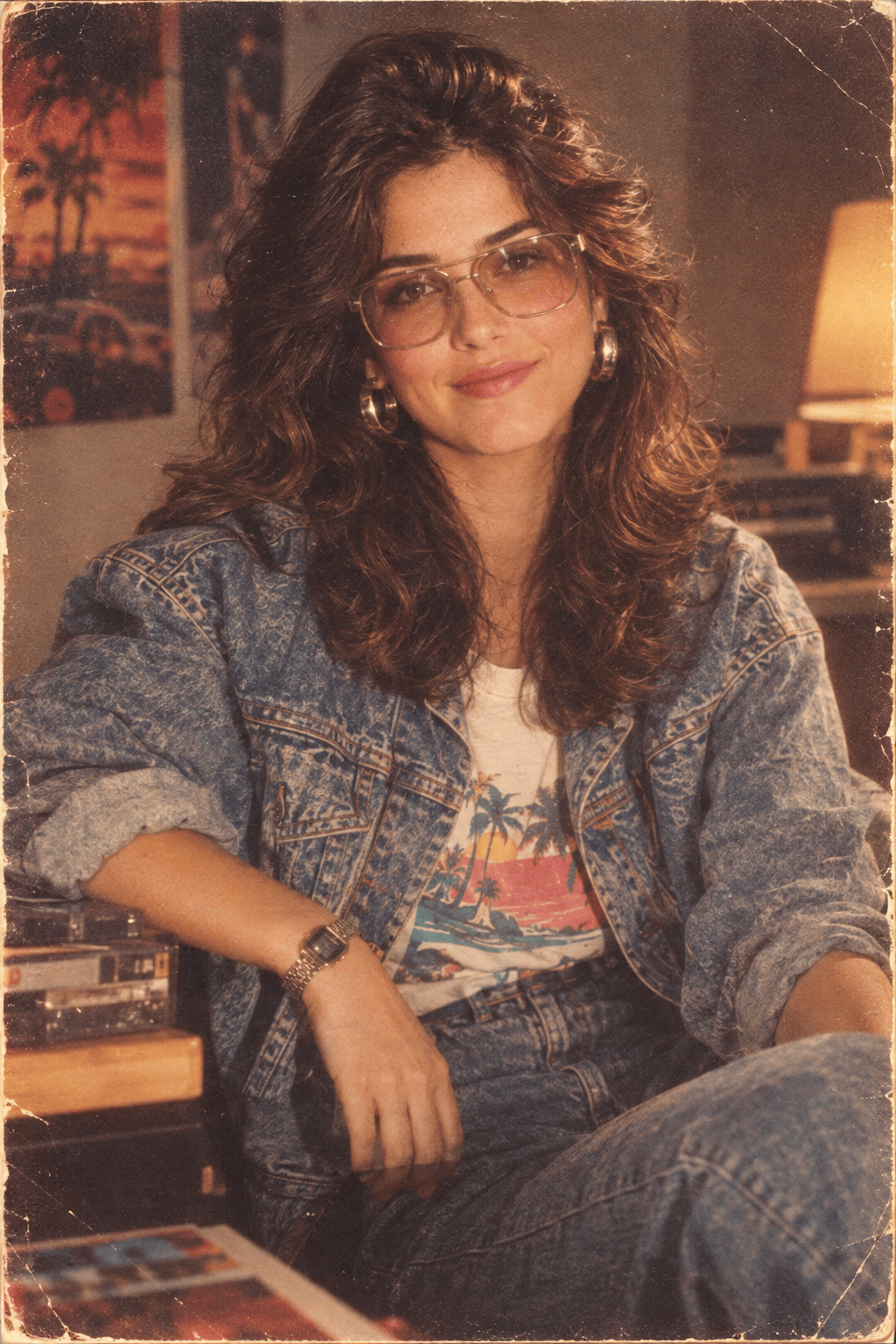 1986 studio portrait restage with period hair, warm tungsten light and 35mm grain