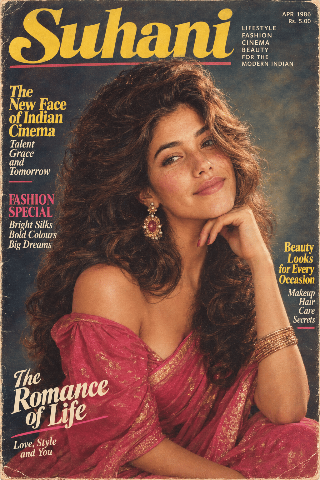 Fictional 1986 Indian magazine cover with retro hair, studio lighting and faded CMYK print texture