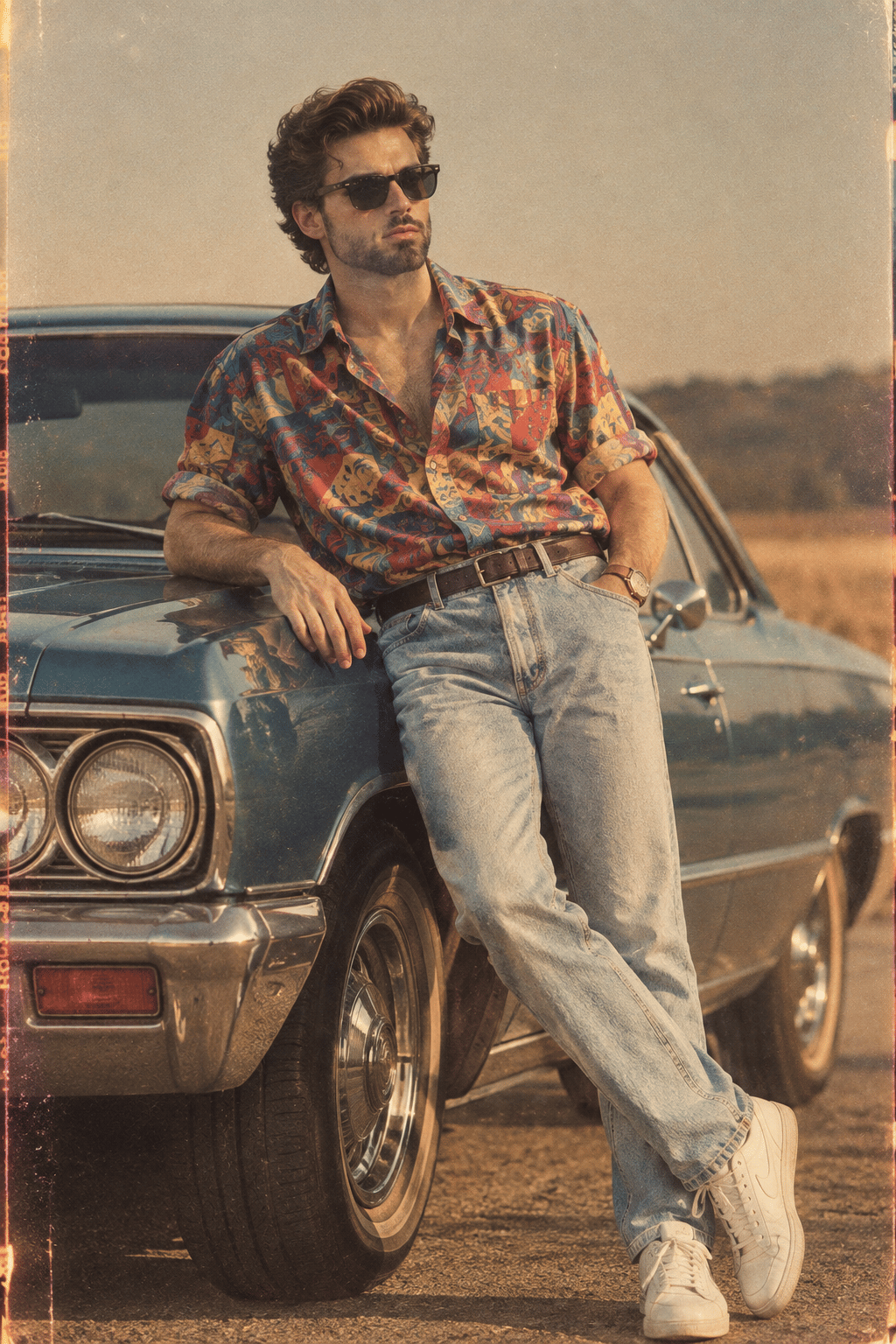 1980s street style portrait leaning against a vintage car in a bold printed shirt and sunglasses