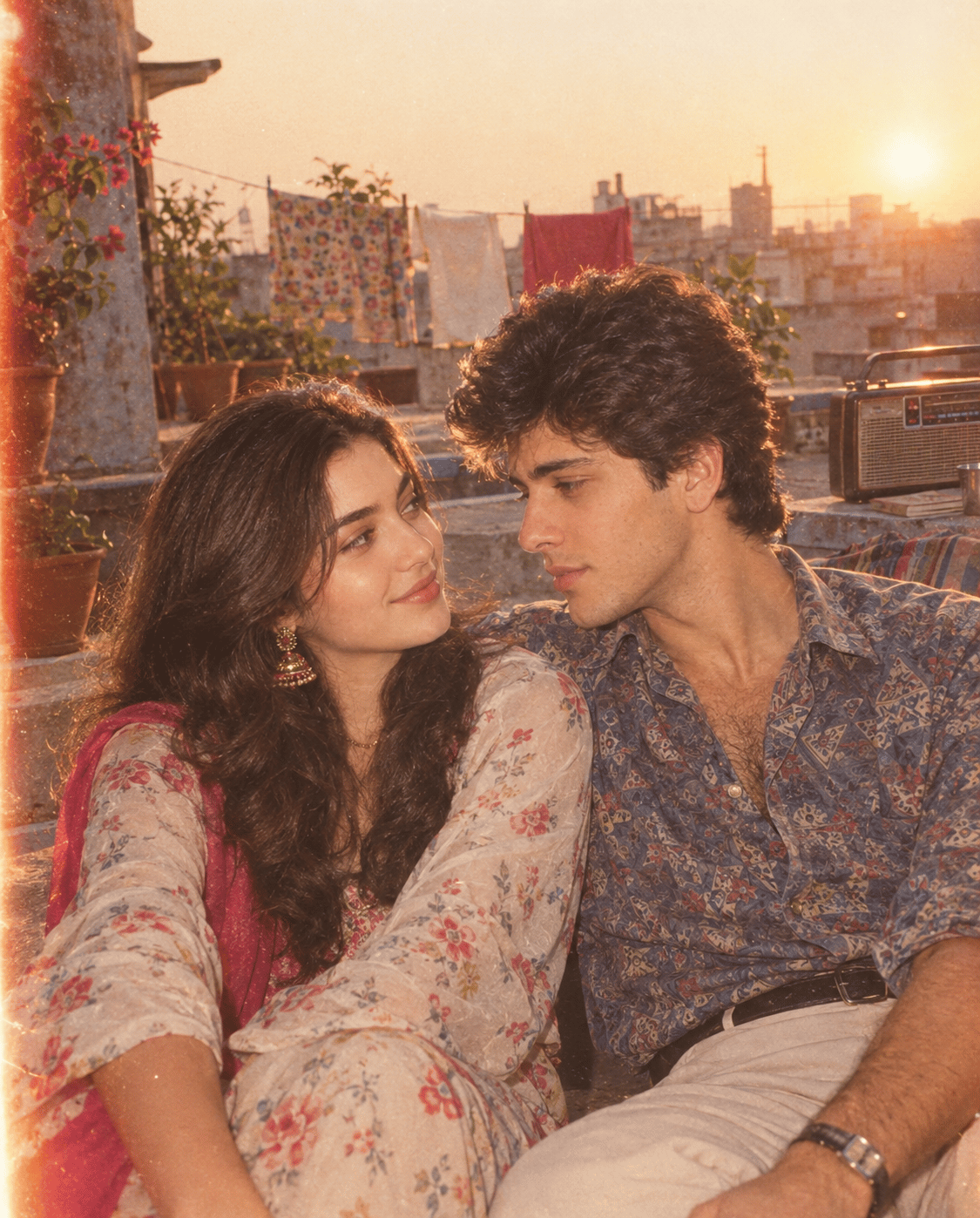 1985 couple portrait on an Indian rooftop at golden hour with clotheslines and a transistor radio