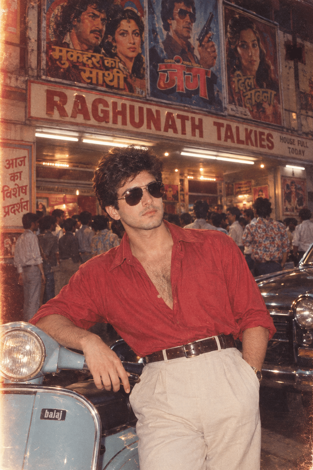 Fictional 1986 Indian cinema publicity still outside a movie hall with posters and vintage scooters