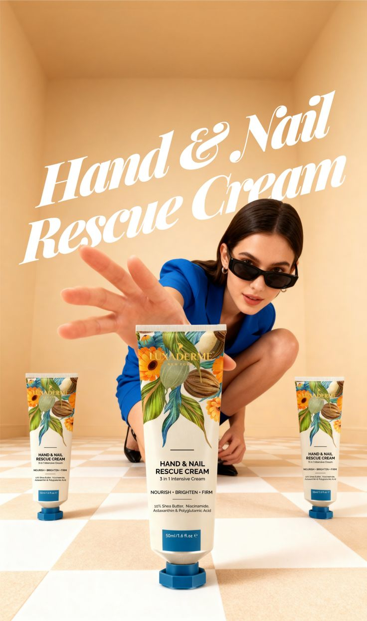 Modern Chic Product Showcase — {
"prompt": "A premium cosmetic product advertisement featuring a hand and nail rescue cream tube…